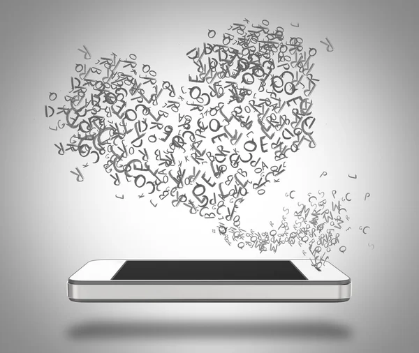 Ilustração tridimensional do smartphone com palavras em forma de coração emanando dele — Fotografia de Stock
