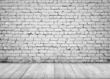 Beyaz tuğla duvar ve arka plan için ahşap zemin ile iç