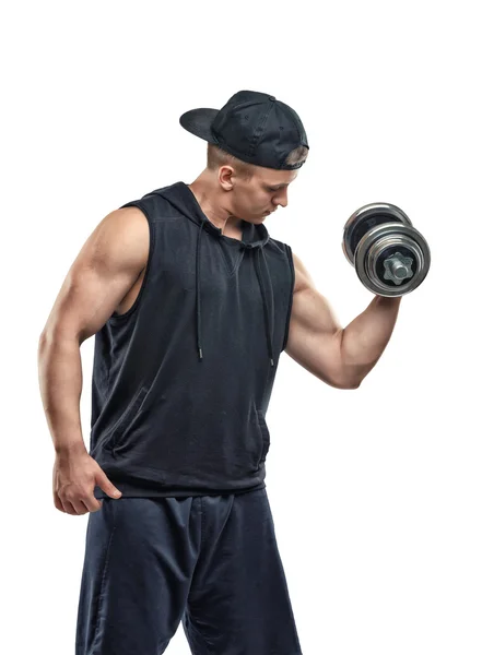 Coutout sportsman lifting a dumbbell for training his biceps. Power training. Healthy lifestyle. Fitness and sport. Exercises. — Stock Photo, Image
