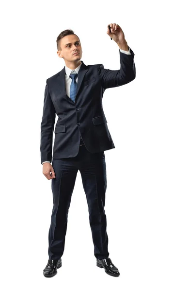 Cutout businessman writes something on invisible surface. — Stock Photo, Image