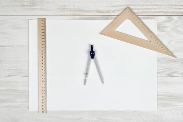 White paper with centimeter rulers and engineering divider. — 스톡 사진