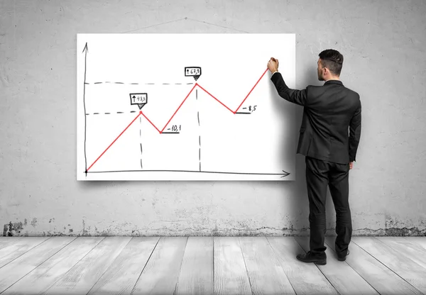 Человек стоит перед белым полотном и рисует на нем увеличивающийся график. — стоковое фото