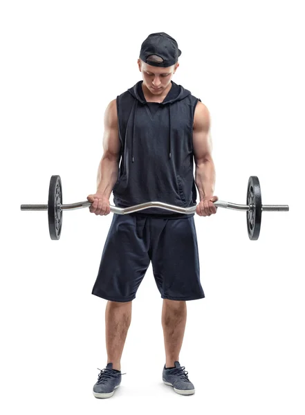 Cut Out fitness man lifting a barbell by both hands and training his biceps — Stock Photo, Image