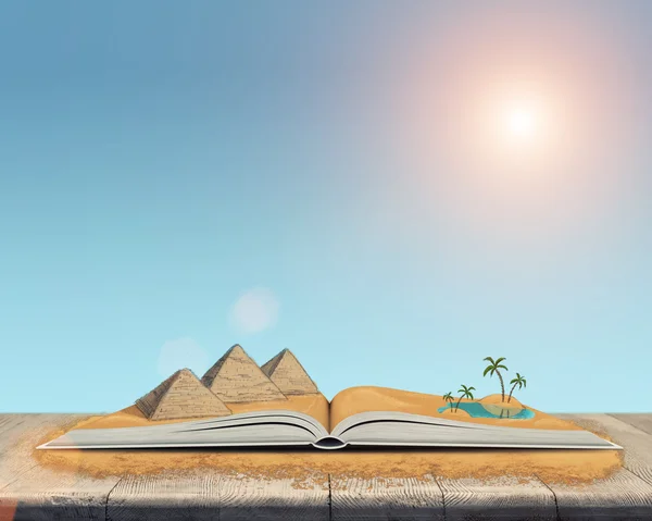 Sketch of the pyramids and oasis in the desert over open book. — Stock Photo, Image