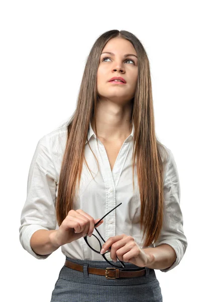 Knipsel zakenvrouw staat met gevouwen armen opzoeken — Stockfoto