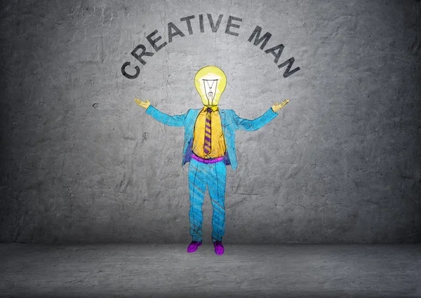 Hand drawn lamp-headed creative businessman in colorful suit with raised hands — Stock Photo, Image