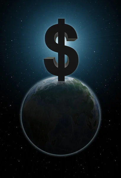 इसके ऊपर बड़े डॉलर चिह्न के साथ ग्रह पृथ्वी — स्टॉक फ़ोटो, इमेज