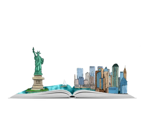 Hand getrokken New York City en de Statue of Liberty in open boek, geïsoleerd op witte achtergrond — Stockfoto