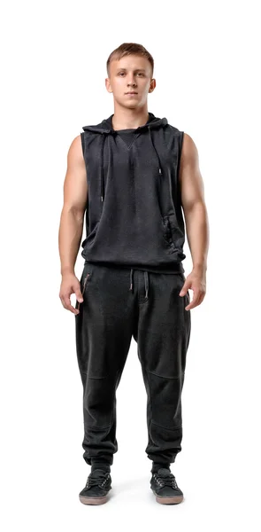 Ganzkörperporträt eines gut aussehenden muskulösen jungen Mannes, isoliert auf weißem Hintergrund — Stockfoto