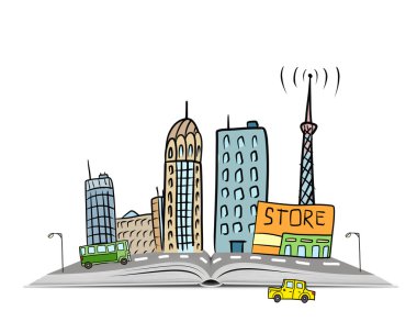 Hand drawn urban scene with buildings, cars and a road on an open book clipart