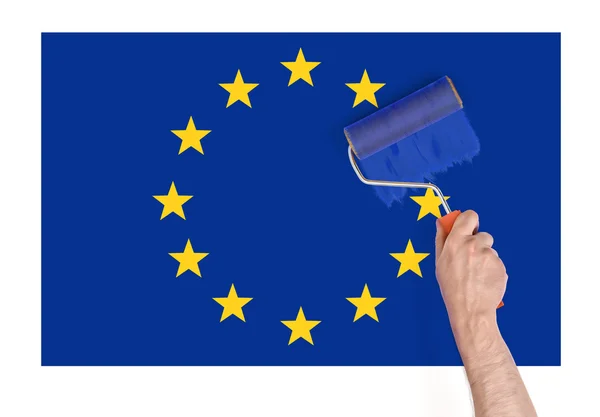 Közelről kilátás Mans kézi festés több mint csillag az Európa Unió zászló — Stock Fotó