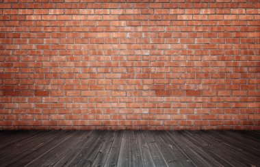 İç kırmızı tuğla duvar ve ahşap zemin ile render.