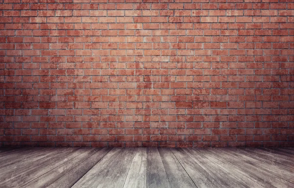 Rendu de l'intérieur avec mur de briques rouges et plancher en bois . — Photo