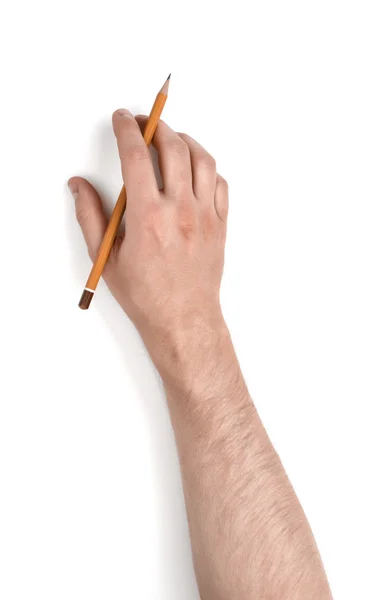 Vista da vicino della matita mans mano tenuta isolata su sfondo bianco — Foto Stock