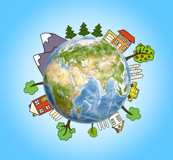 Planet Earth with drawn mountains, trees, house and car around it — Stock Photo, Image