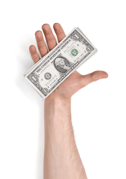 Vista de perto de um homem mão segurando notas de um dólar isolado no fundo branco — Fotografia de Stock