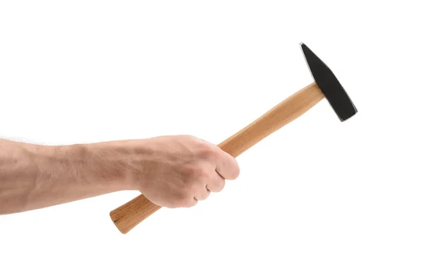 Nahaufnahme eines Mannes Hand hält Hammer, isoliert auf weißem Hintergrund — Stockfoto