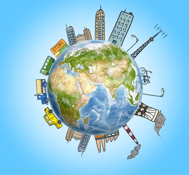 Çizilmiş evler, gökdelenler, fabrikalar, arabalar ve etrafındaki binalar ile Planet Earth