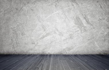 İç beyaz beton duvar ve ahşap zemin ile render.