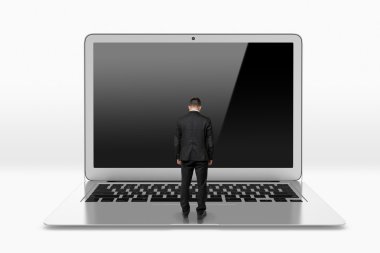 Büyük dizüstü bilgisayarda klavyeye bakan işadamı