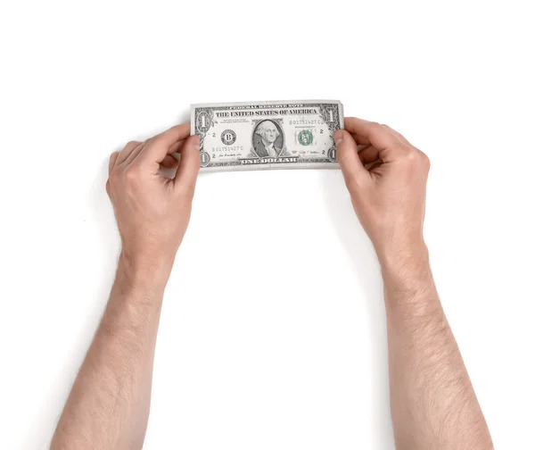 Vista da vicino di un uomo mani in possesso di banconote da un dollaro isolato su sfondo bianco — Foto Stock