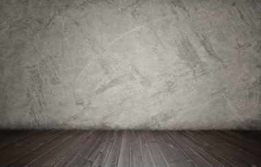 İç beyaz beton duvar ve ahşap zemin ile render.