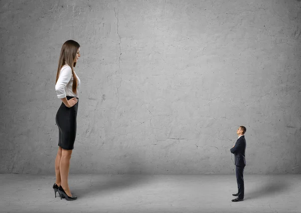 En stor, ung forretningskvinne som står foran en liten forretningsmann – stockfoto