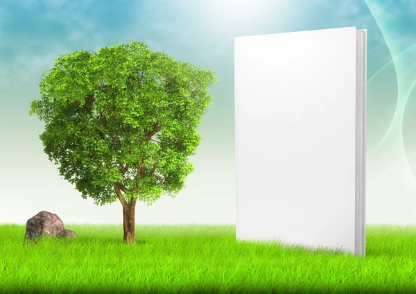 White book and tree in field of grass under blue sky — Stock Photo, Image