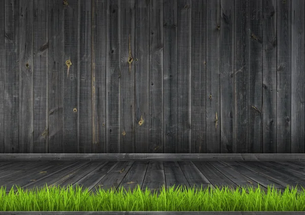 Dark wood wall and floor with grass, background texture — Stock Photo, Image