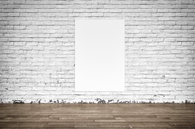 Tuğla duvar ve ahşap zemin üzerinde beyaz poster