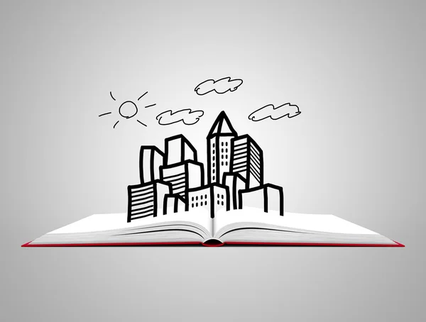 Open white book with sketch of city. — Stock Photo, Image