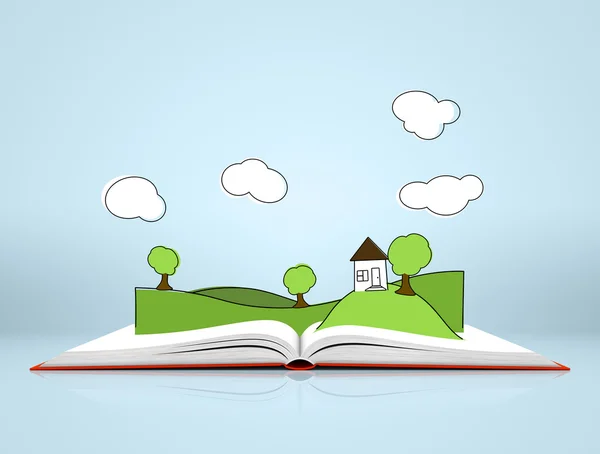 Paisaje con colinas y árbol en libro abierto — Foto de Stock