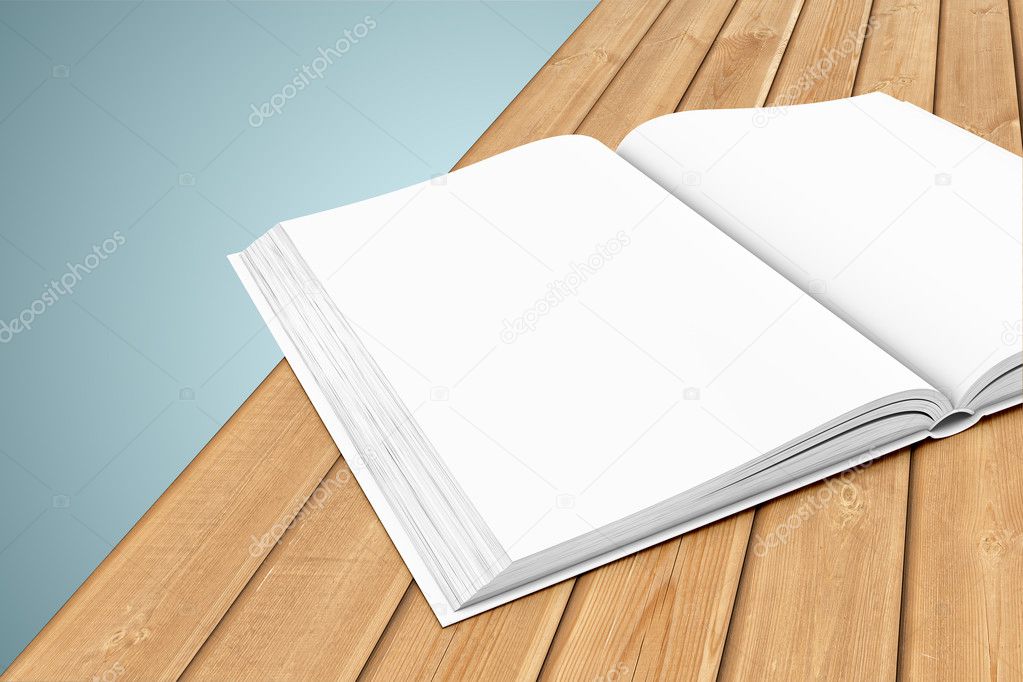 White blank open book on wooden planks