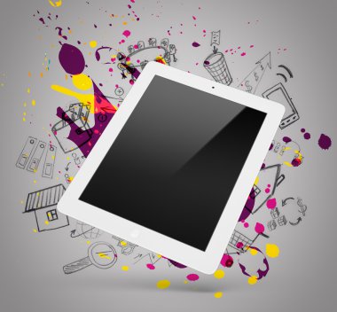 White tablet with doodles and splatters