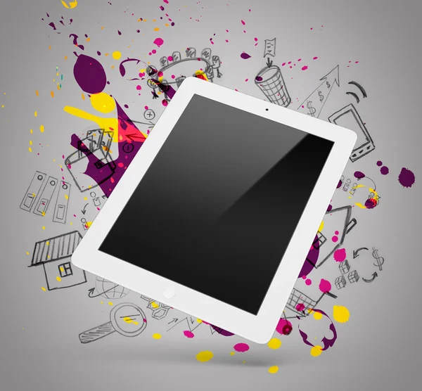 White tablet with doodles and splatters