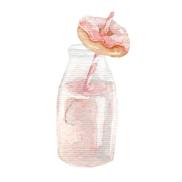 Watercolor mini donat dengan milkshake strawberry tangan digambar — Stok Foto