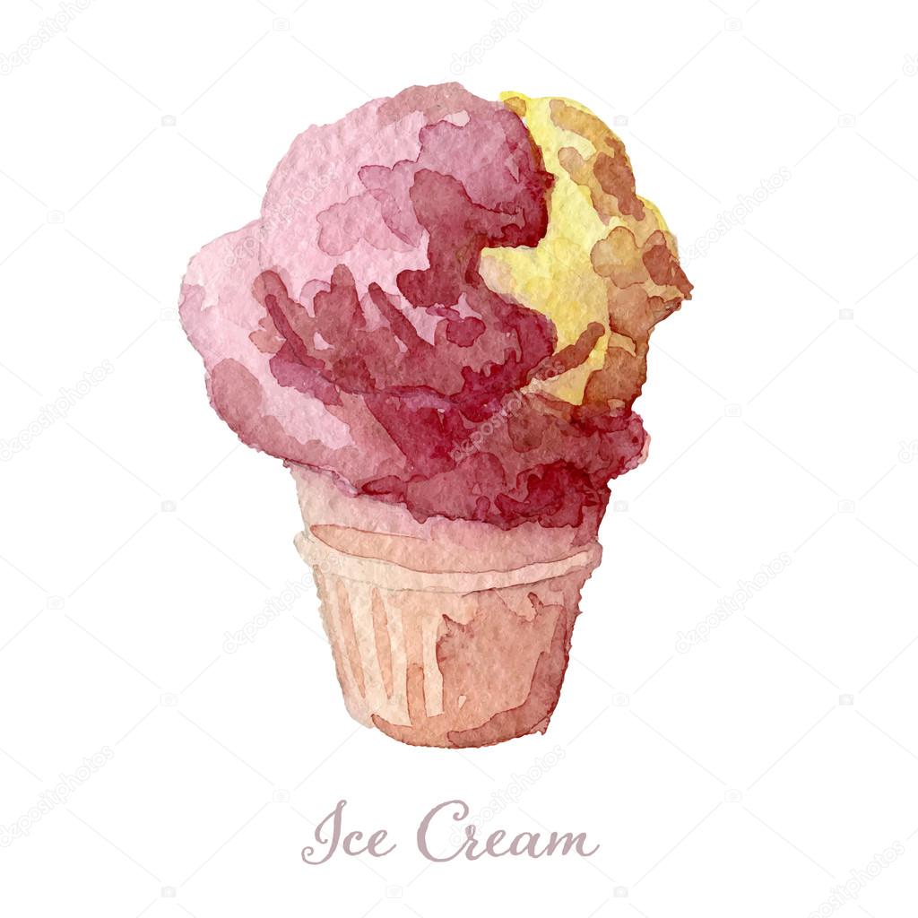 Strawberry ice cream in a waffle cone. Watercolor illustration, vector.