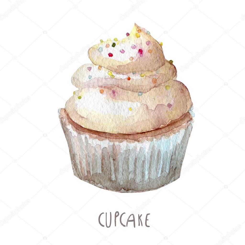 Watercolor hand drawn cupcake