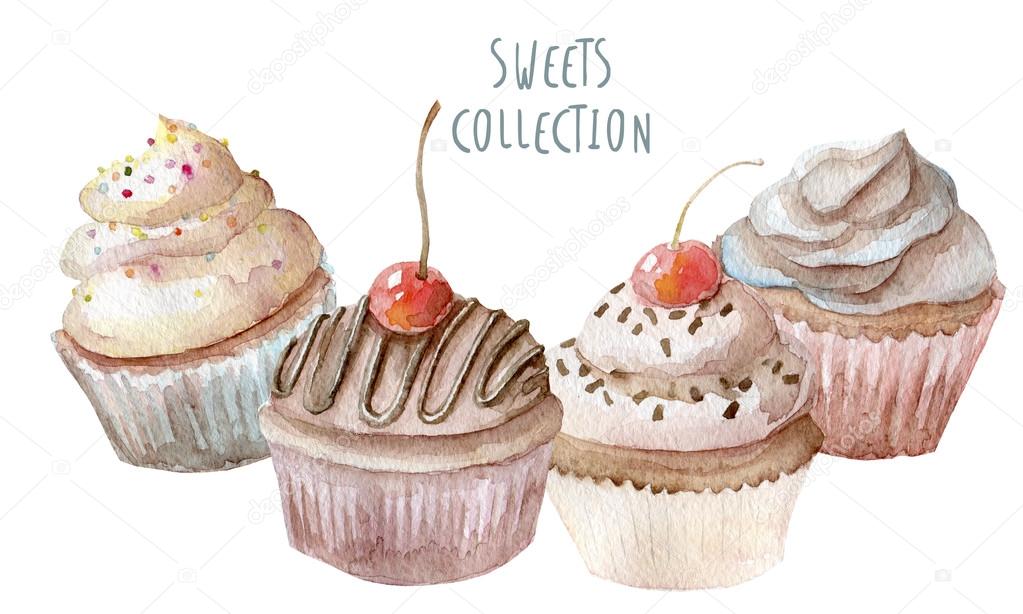 Watercolor delicious cupcakes