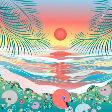 Deniz vektör deniz manzarası günbatımı