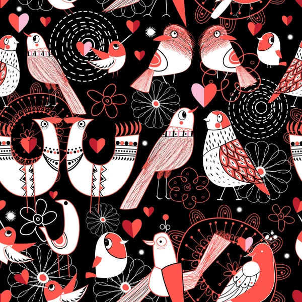 Seamless pattern with birds in love hearts — Stock Vector