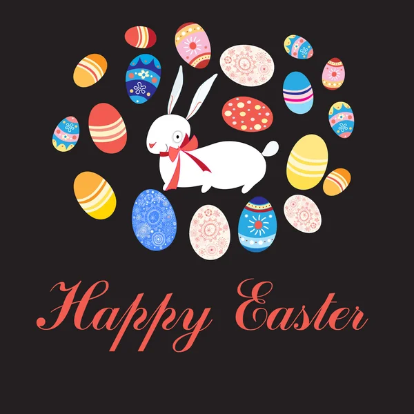Tarjeta de felicitación con huevos de Pascua y conejo — Archivo Imágenes Vectoriales