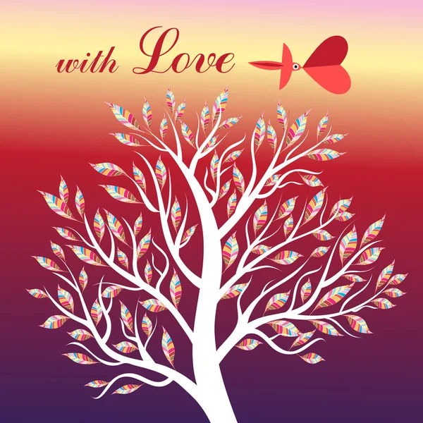 Κάρτα με το δέντρο και το πουλί στην αγάπη — Διανυσματικό Αρχείο