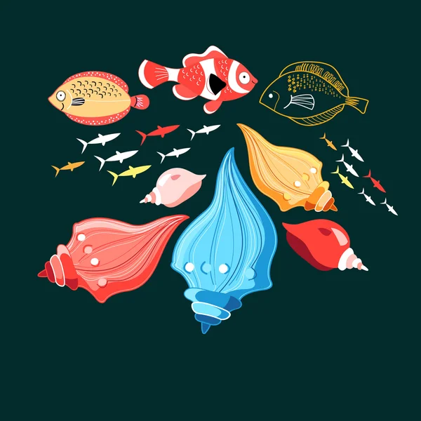 Иллюстрация рыбы и раковин — стоковый вектор