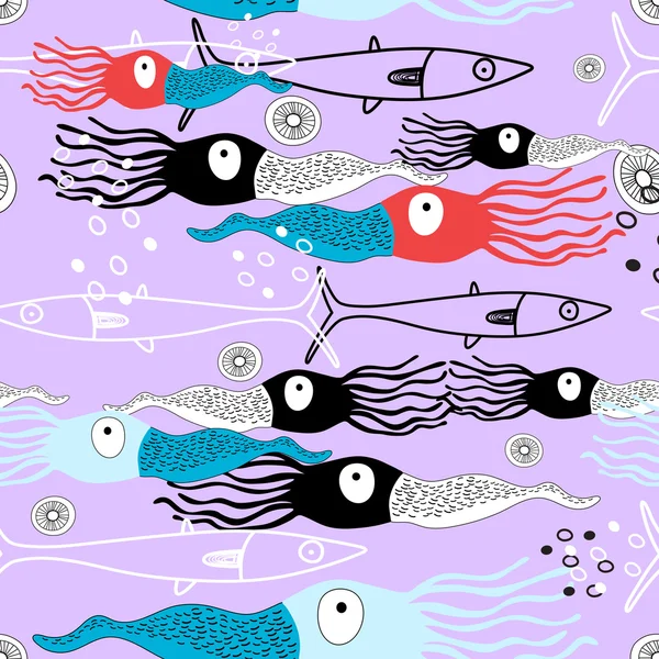 Fundo gráfico do mar com lulas e peixes — Vetor de Stock