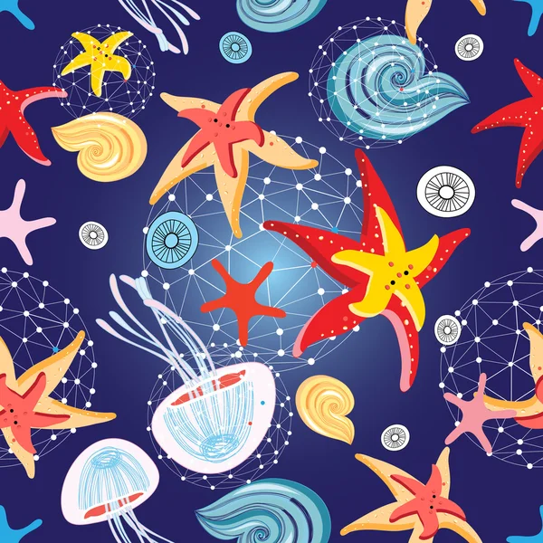 Motif des étoiles de mer et des méduses — Image vectorielle