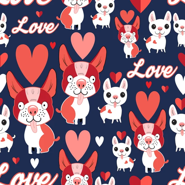 Pattern with funny puppies in love — Stock Vector