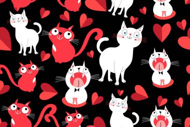 Kusursuz, parlak bir desen ve arka planda sevgi dolu kediler. Kalpli tatil kedileri