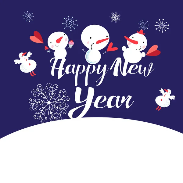 Bright New Year Card Snowmen Snowflakes Blue Background Holiday — Stock Vector