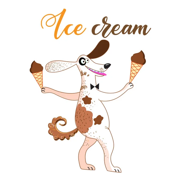 Beyaz Arka Planda Köpek Dondurma Ile Eğlenceli Vektör Çizimi Komik — Stok Vektör